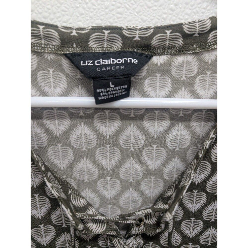 Green White Feathers Liz Claiborne Career Office Flutter Sleeves Business Casual - Picture 3 of 5